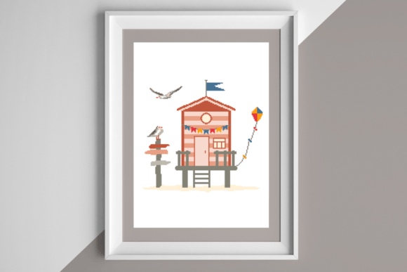 Beach Hut with Flag and Seagulls: A Cross-Stitch Pattern for Coastal Charm