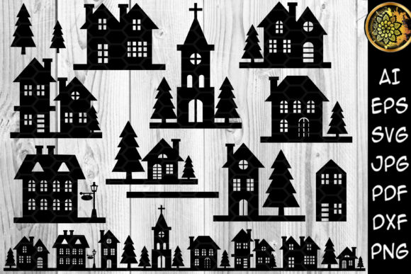 Night Buildings Christmas Silhouette Set
